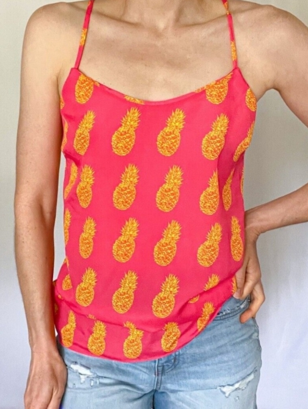 Women's J Crew Pink Pineapple Print Cami Tank Top
